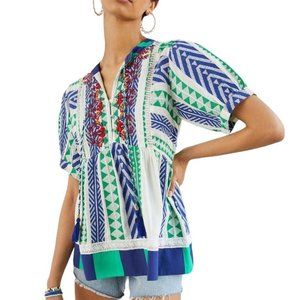 Anthropologie Blue and Green Patterned Blouse